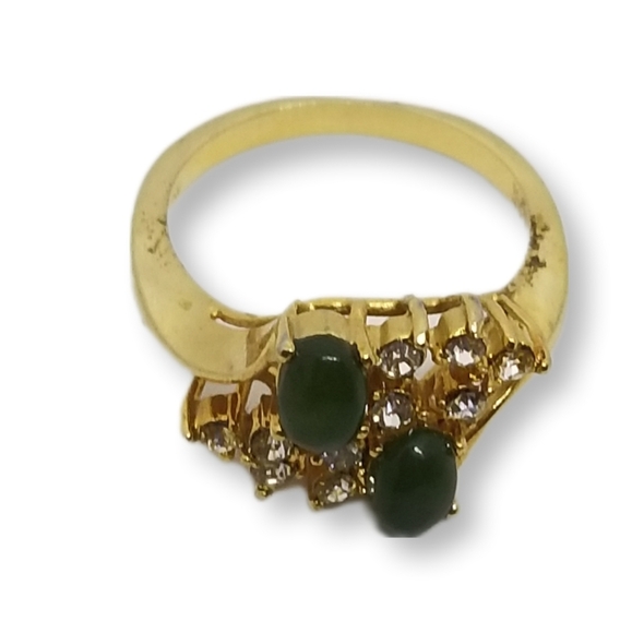 Vintage 18K Electroplated Ring • Genuine Jade & Austrian Crystals • Cocktail Sty - Picture 4 of 6